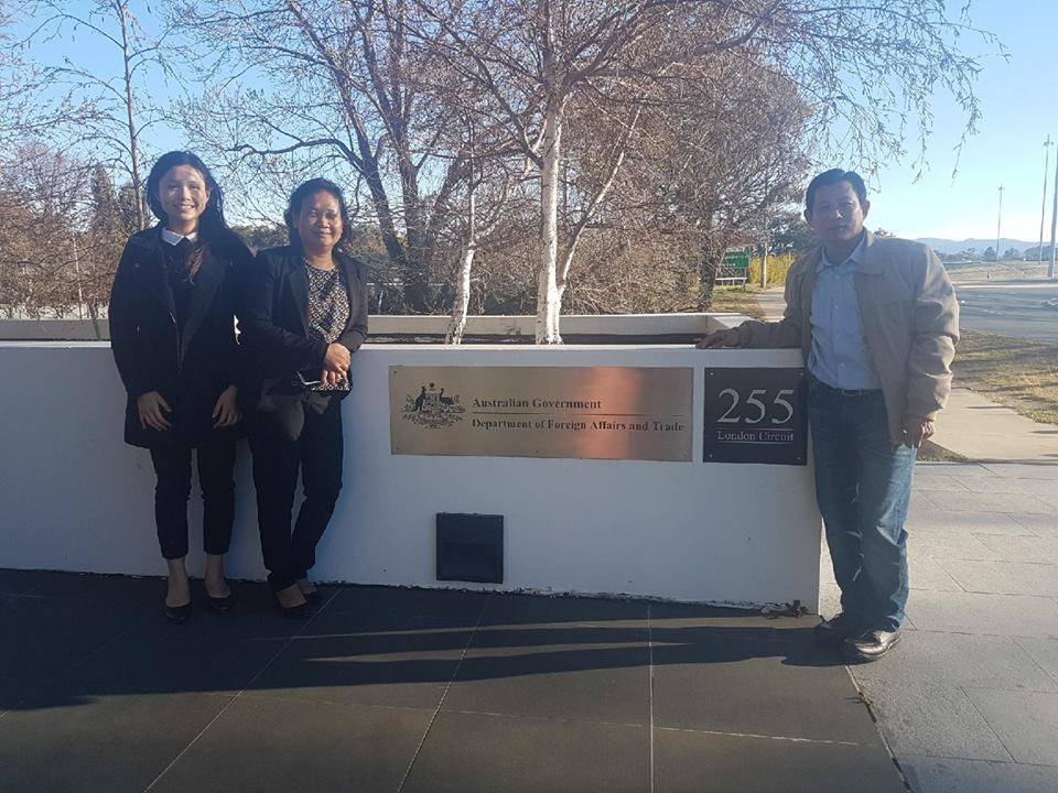 KKF Delegation in front of DFAT (from left: Miss Kimkatriny Suos, Mrs. Nga T. Tran, and Mr. Thanh Tan Ly)