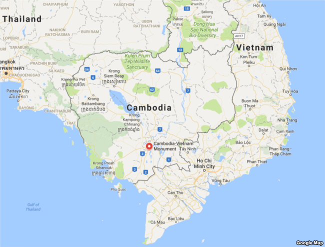 A map showing Cambodia and Vietnam. The Mekong Delta is the tip of land at the southern point of the two countries.